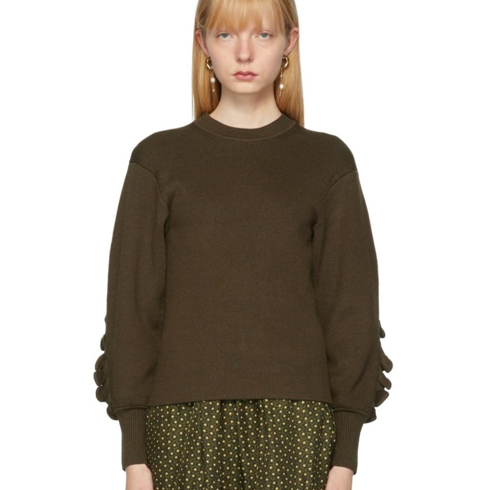 CHLOÉ Brown Wool Ruffle Crewneck